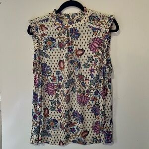 LOFT Pink and Cream Ruffled Blouse with Mandarin Collar